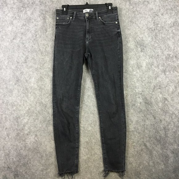 Zara Jeans 6 28 High Rise Skinny Black Distressed Raw Fringe Hem Stretch Whisker - Picture 1 of 10